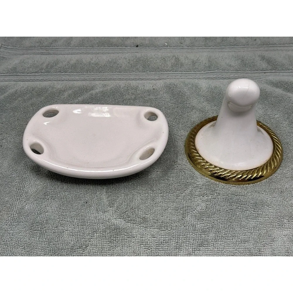 Vintage White Ceramic Soap Dish and Gold Rope Trim Robe Hook Bathroom Set